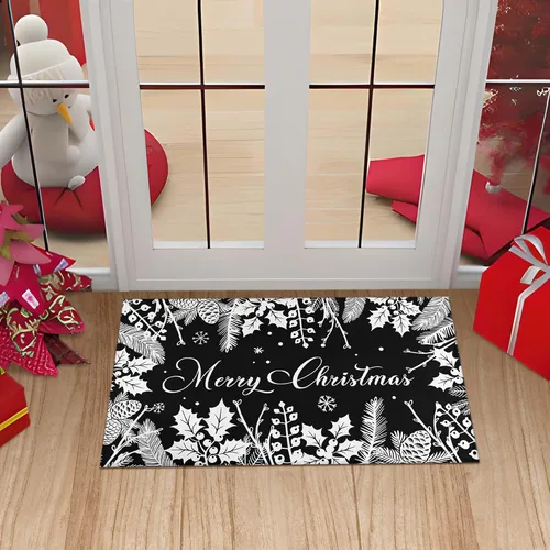Miniatura 8 de Tapete negro de Navidad para entrada al aire libre, antideslizante, ramas de pino acebo, piñas, decoración de Feliz Navidad, tapete lavable