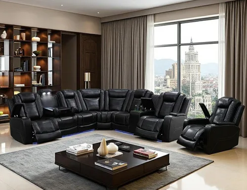 Miniatura 11 de Juegos de Muebles para Sala de Estar, Juego de Sofá Reclinable Eléctrico, Cuero Blanco Vainilla, Seccional de 2 Reclinables con Luz LED