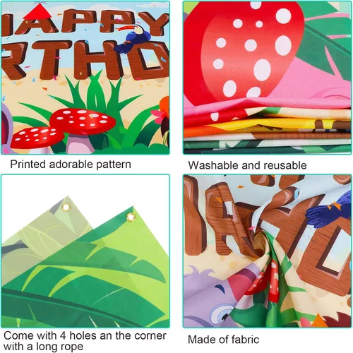 Miniatura 3 de HOWAF Cartel de tela de feliz cumpleaños para decoración de fiestas temáticas de animales de la selva, decoración de fondo de pared para niños