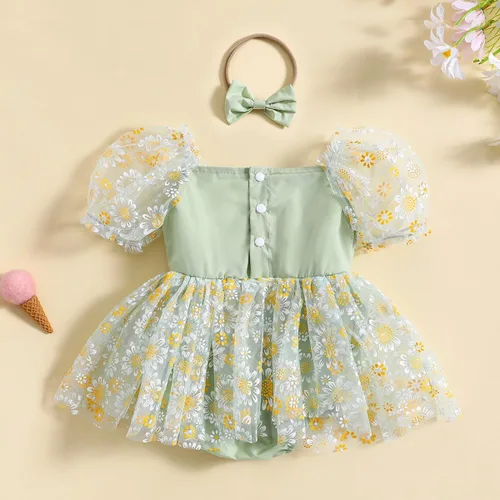 Miniatura 3 de IDOPIP Conjunto de 2 piezas para bebé recién nacido, con diadema, bordado de flores, tutú, princesa, fiesta de cumpleaños, conjunto de ropa