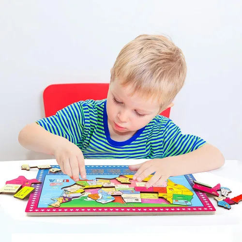 Miniatura 3 de Rompecabezas de madera de mapa de Estados Unidos, rompecabezas de mapa de 46 piezas para niños, rompecabezas educativos de geografía de Estados