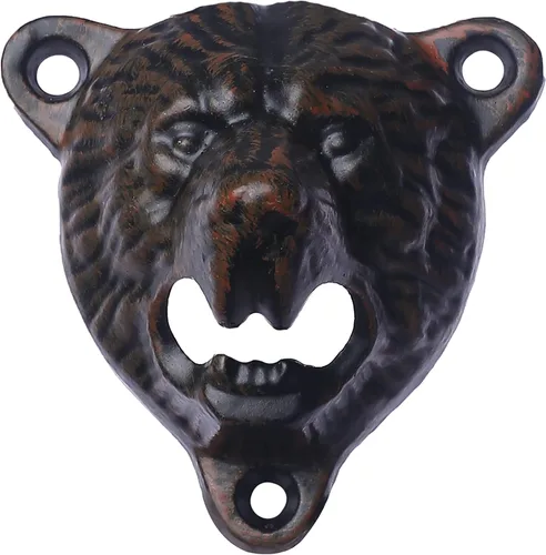 Miniatura 10 de Abridor de botellas de cerveza de hierro fundido con cabeza de oso negro, dientes grizzly montados en la pared para decoración de garaje de cueva