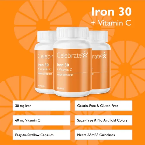 Miniatura 2 de Suplemento de hierro con vitamina C, 30 mg de hierro, 60 mg de vitamina C, vitaminas bariátricas para pacientes con WLS, manga vertical y cirugía