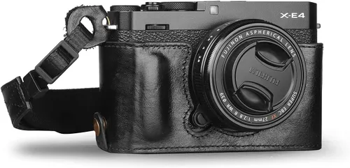 MegaGear Ever Ready - Media funda de piel auténtica para cámara compatible con Fujifilm X Series X-E4, color negro (MG1981)