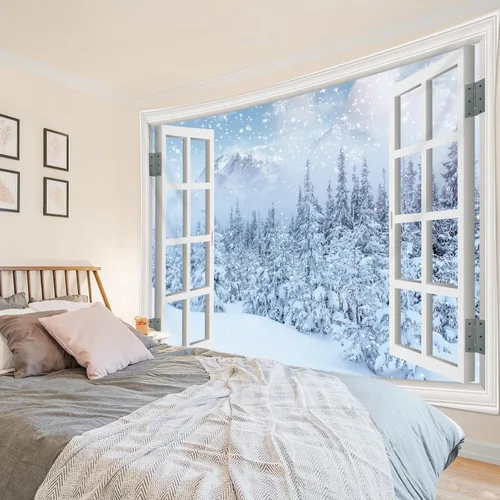 Miniatura 22 de LB Tapiz de Navidad de invierno, ventana de invierno exterior, pino nevado en bosque, tapiz de pared para dormitorio, paisaje de montaña, arte