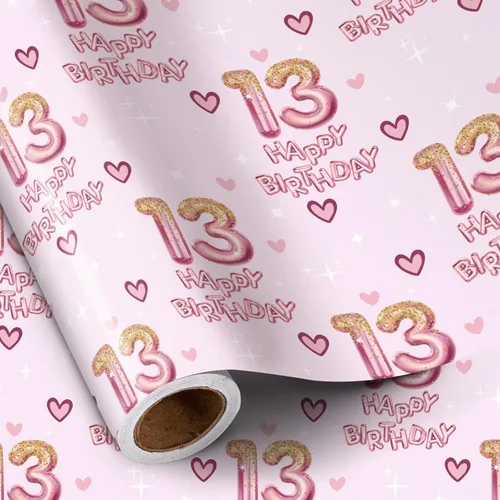Miniatura 20 de RUSPEPA Papel de regalo de cumpleaños número 15 para niña, corazones y globos rosas del número 15, diseño de feliz cumpleaños, 15 años, mini rollo