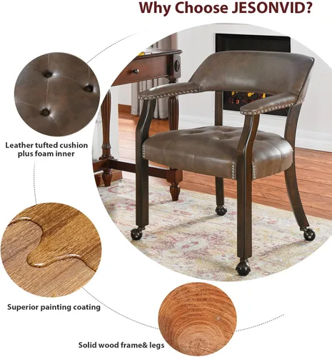 Miniatura 6 de Silla de comedor con ruedas, silla de cuero con ruedas y cabeza de clavo, sillas de comedor con rodillos, sillas de respaldo curvado con ruedas