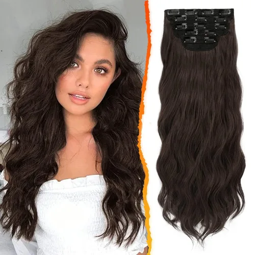 BARSDAR Extensiones de cabello ondulado con clip, color marrón chocolate oscuro, extensiones de cabello con clip de 20 pulgadas para mujer, 5 piezas