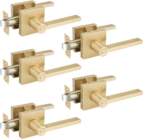 Miniatura 12 de EHOMEWARE Juego de manijas de puerta delantera doradas, palanca de puerta cuadrada resistente de latón y cerrojo de un solo cilindro reversible