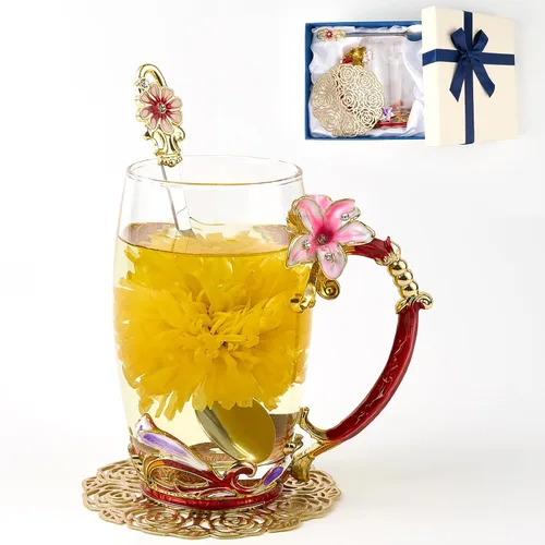 Miniatura 19 de Taza de té con flores, taza de café de vidrio transparente elegante con cuchara, caja de regalo para ella, mamá, esposa, abuela, niñas, amigas, idea