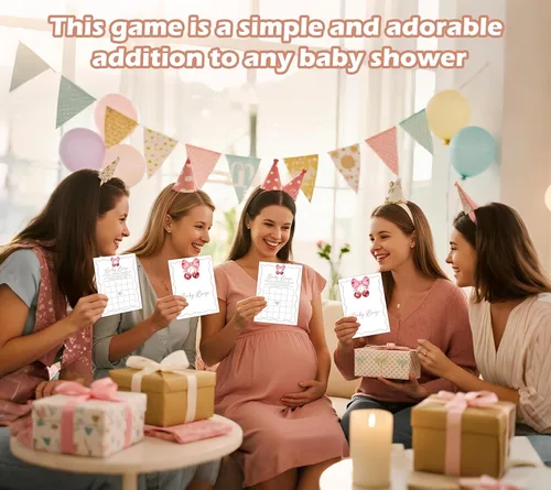 Miniatura 6 de Cherry Baby Shower - Juego de bingo para 30 invitados con tarjetas de juego, revelación de género, suministros y decoraciones para baby shower (DV35)