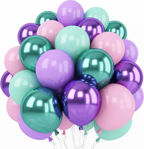 Miniatura 22 de Set de globos azul polvo, 60 paquetes de 12 pulgadas de globos metálicos dorados cromados, azul macarrón, azul océano, blanco arena, confeti