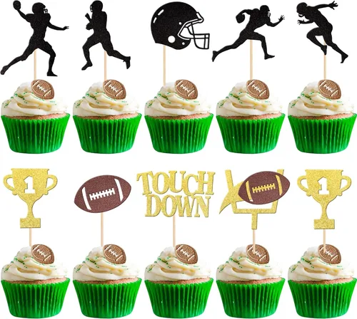 36 piezas de adornos para cupcakes de pelota de rugby, trofeo de fútbol americano, selecciones de cupcakes de fútbol americano, decoración de