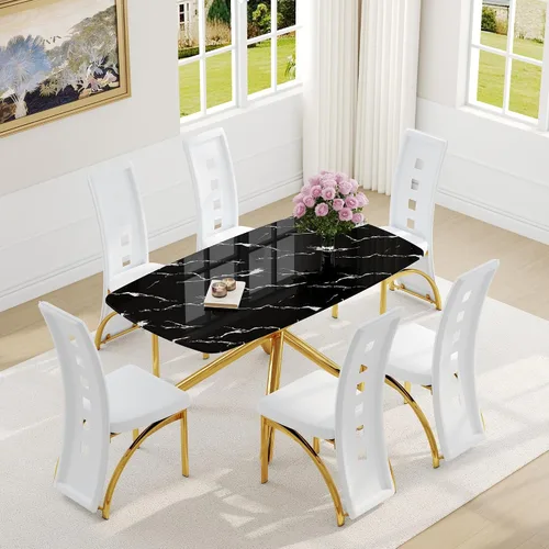 Miniatura 47 de Juego de mesa de comedor moderna para mesa de comedor negra de 4,63 pulgadas, juego de 4 con patas de metal dorado, mesa de cocina rectangular