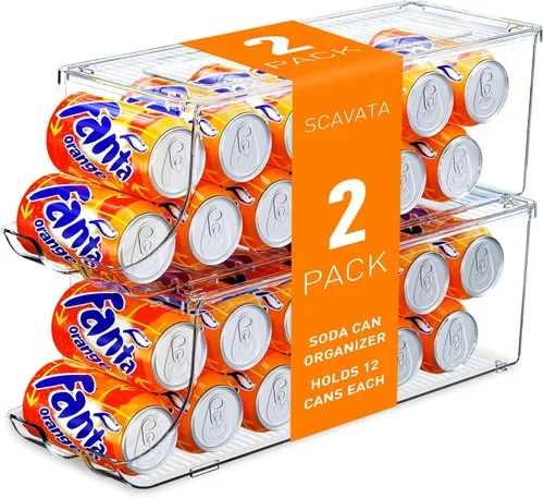 SCAVATA Paquete de 2 organizadores de latas de soda para refrigerador, contenedor apilable de latas de alimentos enlatados, dispensador de latas con