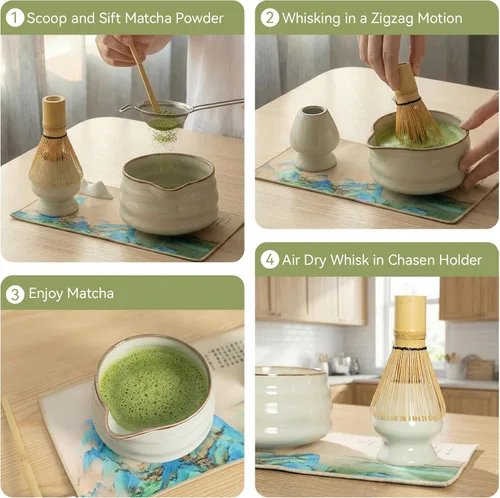 Miniatura 9 de Juego de cuencos de matcha, juego de matcha de cerámica con cuenco y batidor, soporte para batidor, tamiz, cuchara, reposapallo y toalla de té, kit