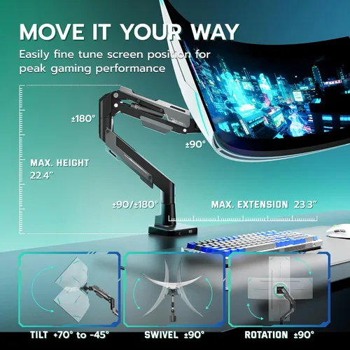 Miniatura 8 de ARES WING Brazo de monitor ultraancho de alta resistencia, soporte de monitor de aluminio con resorte de gas con USB para pantallas curvas de 24 a