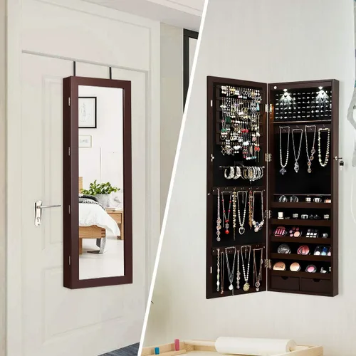 Miniatura 3 de Giantex Organizador de joyas montado en la paredpuerta con 2 luces LED, armario de joyería de altura ajustable con cerradura con espejo de longitud