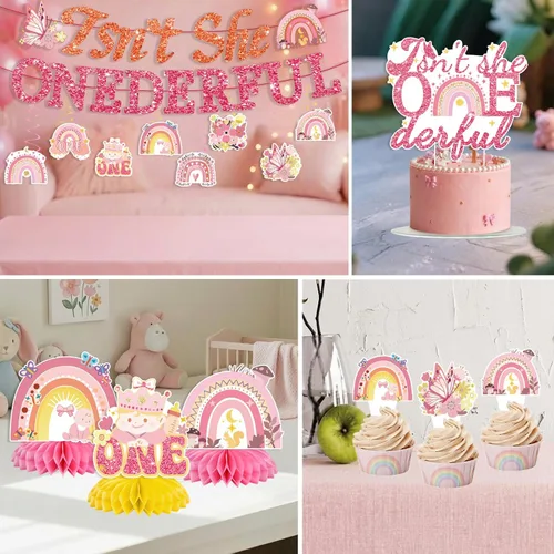 Miniatura 4 de 35 decoraciones de cumpleaños con texto en inglés "Isn't She Onederful", decoraciones de primer cumpleaños para niñas, fácil instalación, incluye