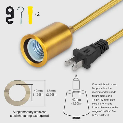 Miniatura 4 de Luces colgantes con interruptor de cable colgante enchufable, enchufe de bombilla dorada con cuerda de extensión industrial, kit de luz colgante