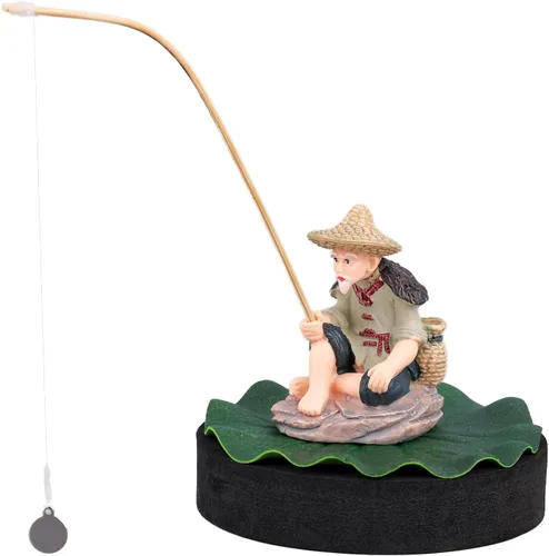Decoración flotante para pecera, figura de acuario de pescador con base de hoja de loto y caña de pescar divertido alimentador de peces estatua de