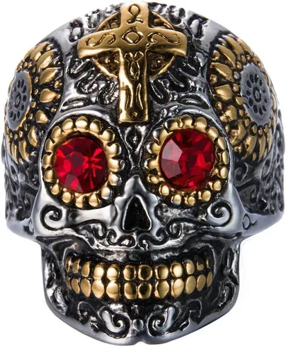 Anillo de calavera con cruz gótica de acero inoxidable para hombre, diseño de ojo verde, flor vintage tallada para Halloween