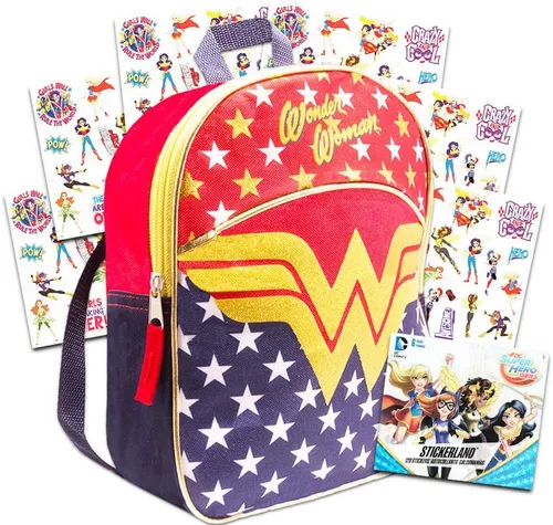 Wonder Woman - Juego de mochila infantil para niños en edad preescolar incluye mini mochila y pegatinas de lujo de 110 in para mujer maravilla