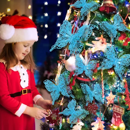 Miniatura 5 de Charniol 36 piezas de 3 tamaños para árbol de Navidad, decoraciones de mariposa hueca con purpurina, adornos colgantes con clips para manualidades
