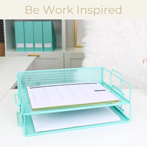 Miniatura 2 de BLU MONACO Aqua Mesh Juego de 2 Bandejas de Papel Bandejas Apilables para Cartas para Almacenamiento de Escritorio Soporte de Documentos