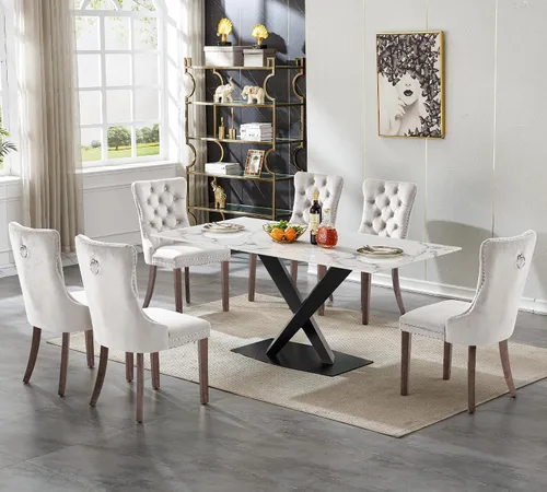 Miniatura 13 de Juego de mesa de comedor de mármol blanco para 4, 70 pulgadas, mesa de comedor de mármol blanco con 4 sillas de terciopelo beige y base de acero al