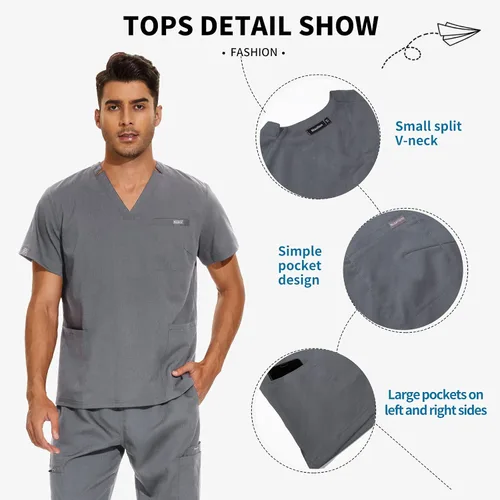 Miniatura 3 de VIAOLI Conjunto de ropa quirúrgica para hombre con cuello en V y pantalón deportivo, 8 bolsillos con botones de carga, conjuntos de liquidación