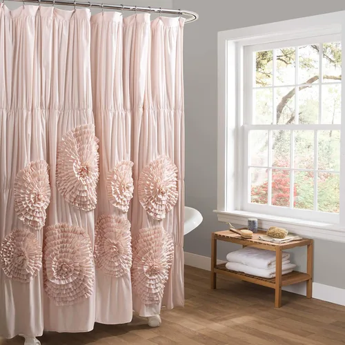 Lush Decor Serena Cortina de ducha, 72 pulgadas de ancho x 72 pulgadas de largo, cortina de baño con volantes color rubor, cortinas de ducha de tela