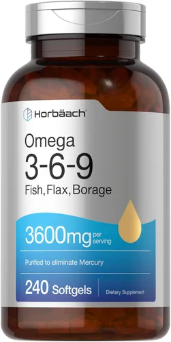 Horbäach Triple Omega 3-6-9 240 cápsulas blandas | de aceites de pescado, linaza y borraja | Sin OGM y sin gluten