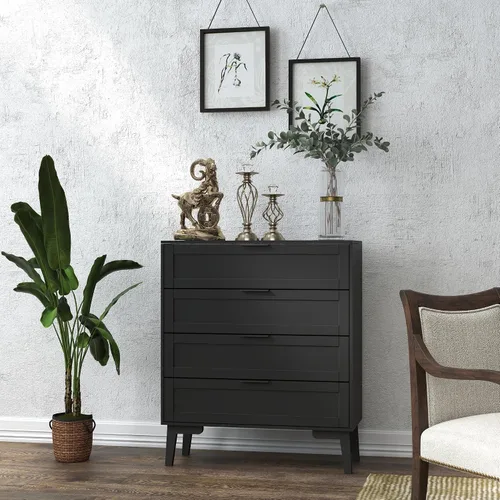Miniatura 7 de TaoHFE Cómoda negra de 4 cajones para dormitorio, cómoda de lencería de madera para dormitorio, moderna cómoda negra de 36 pulgadas de alto