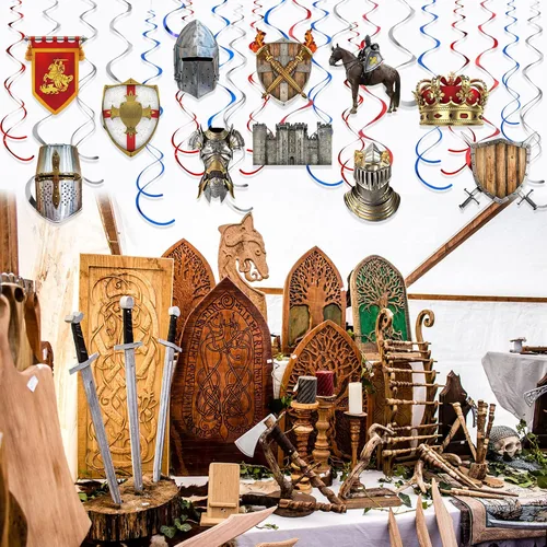 Miniatura 6 de 22 piezas de decoraciones medievales para fiestas, decoraciones de cumpleaños de caballero, remolinos colgantes, corona de caballero, pared