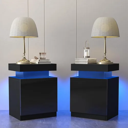 Miniatura 11 de oneinmil Juego de 2 mesitas de noche con luces LED, mesita de noche con armario de almacenamiento para dormitorio, mesita de noche con LED
