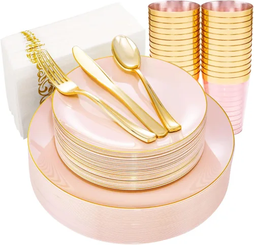 Rubtlamp Juego de 210 platos de plástico rosa con cubiertos de plástico dorado que incluye 30 platos de cena rosa y 30 platos de postre, cubiertos
