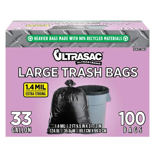 Ultrasac Bolsas de basura de 33 galones – (100 unidades con lazos) – 39 x 33 pulgadas – Bolsas de basura negras de calidad profesional grandes –