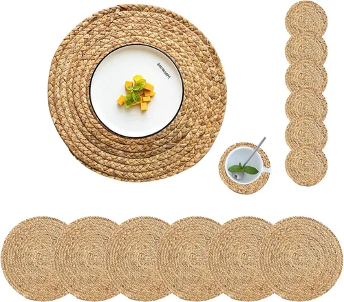 Juego de 6 manteles individuales redondos tejidos con 6 posavasos, manteles individuales de jacinto de agua natural, manteles individuales de ratán
