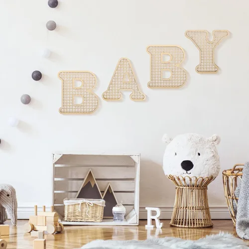 Miniatura 2 de 4 Piezas Letras de Bebé de Madera de Ratán - Decoración Bohemia de Guardería para Baby Shower Letras Rústicas del Alfabeto Decoración del Hogar