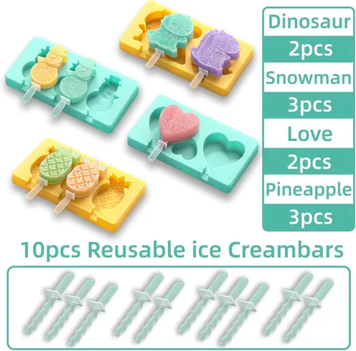 Miniatura 4 de Moldes de Paletas de Dibujos Animados para Niños - Paquete de 4, Moldes de Helados de Silicona Grado Alimenticio de 10 Cavidades, con Palitos