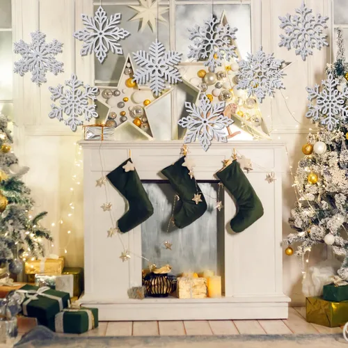 Miniatura 6 de Sratte Paquete de 24 adornos de copos de nieve grandes con purpurina de 12 pulgadas, decoración gigante de plástico para colgar en invierno, Plata