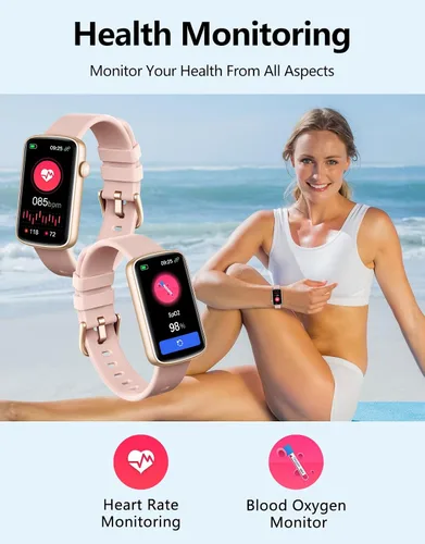 Miniatura 5 de Rastreador de actividad física con monitor de frecuencia cardíaca, sueño, oxígeno en sangre, reloj delgado para mujeres y hombres, IP68, podómetro