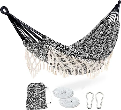 Miniatura 11 de Hamaca de interior con flecos de macramé para 2 personas, hamacas dobles bohemias con borlas, columpio portátil de cuerda de algodón hamaca