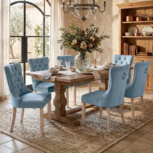 Miniatura 68 de SoarFlash Juego de 2 sillas de comedor de tela de lino, sillas de comedor tapizadas con ribete de cabeza de clavo y patas de madera de color claro