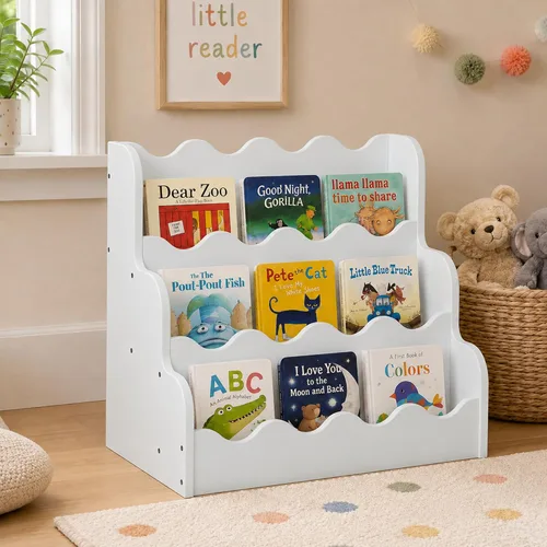 Miniatura 17 de NACHES Estantería Montessori de 4 niveles para niños, estante de madera con diseño festoneado, organizador de juguetes para guardería, dormitorio