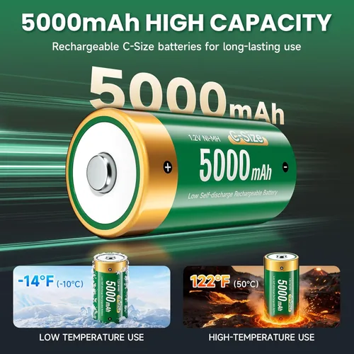 Miniatura 9 de Baterías C recargables con cargador, paquete de 6 baterías C de 1.2 V NiMH 5000 mAh, cargador de batería universal para C, D, 9 V, AA, AAA, función