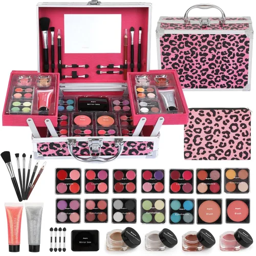 Anpro Kit de maquillaje plegable doble todo en uno Leopord con estuche, juego de maquillaje profesional para adolescentes, kit completo de inicio