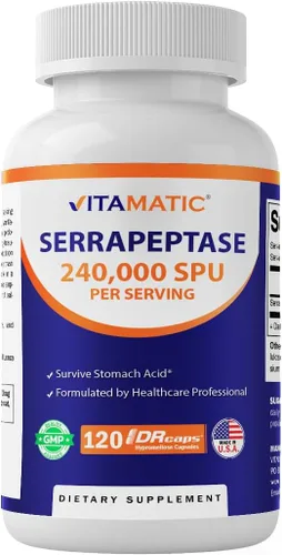 Vitamatic Serrapeptase 240,000 SPU por porción, 120 cápsulas de liberación retardada - Recubrimiento entérico - Sin OGM - Fabricado en los Estados