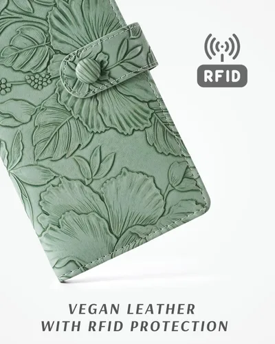 Miniatura 2 de Unilily Cartera delgada para mujer, con bloqueo RFID, de piel vegana, plegable, tarjetero con 2 ventanas de identificación y bolsillo con Verde